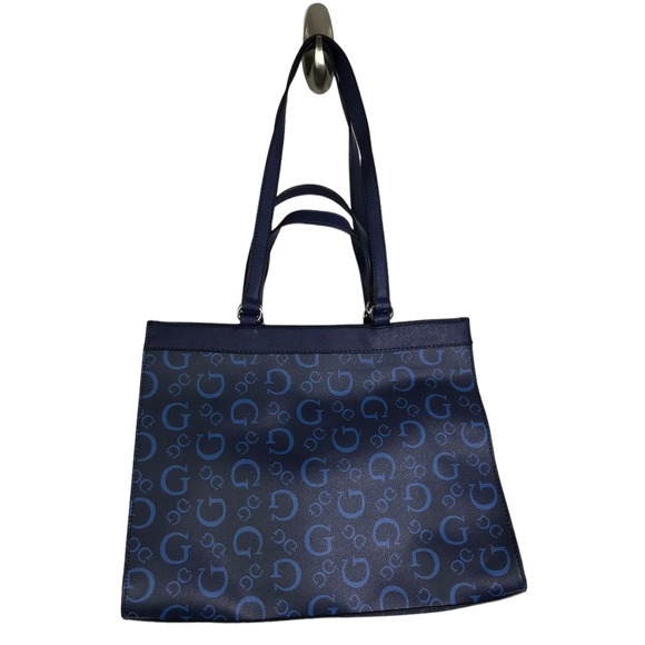 GUESS Women's Elian Satchel Purse Tote Handbag Blue Leather Silver Logo NWOT - Picture 5 of 9